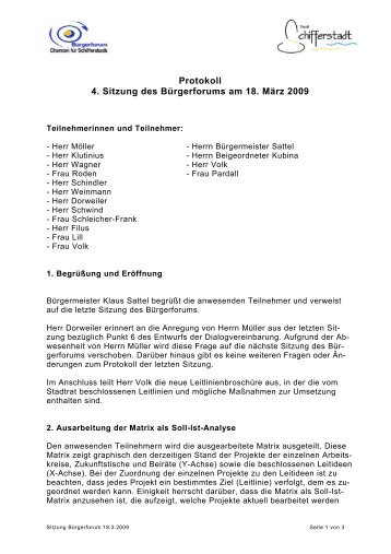 Protokoll 4. Sitzung des BÃƒÂ¼rgerforums am 18. MÃƒÂ¤rz 2009 - Schifferstadt