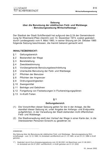 und Waldwege - Benutzungssatzung Wirtschaftswege - Schifferstadt