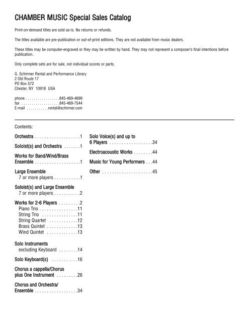 Solo and Chamber Music Special Sales Catalog - G. Schirmer, Inc.