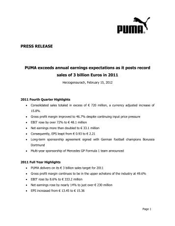 PRESS RELEASE PUMA exceeds annual earnings ... - About PUMA