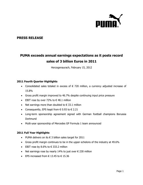 PRESS RELEASE PUMA exceeds annual earnings ... - About PUMA