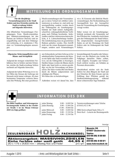 Ausgabe 1/2010 Ã¢Â€Â“ Amts- und Mitteilungsblatt der Stadt Schleiz ...