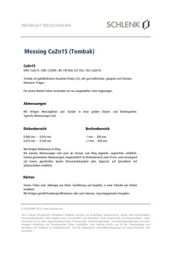 Messing CuZn15 / Tombak (PDF) - Schlenk