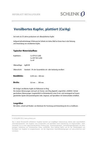 Versilbertes Kupfer, plattiert (Cu/Ag) (PDF) - Schlenk