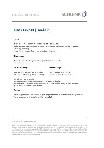 Brass CuZn10 / Tombak (PDF) - Schlenk