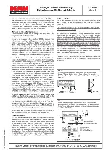 und Betriebsanleitung Elektroheizstab ZESEL. - Bemm