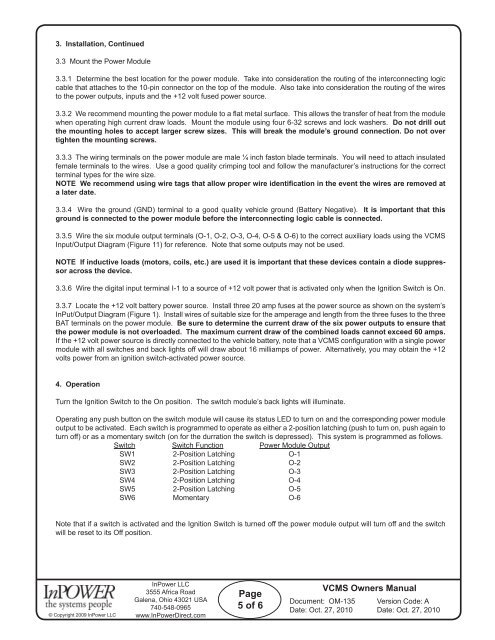 VCMS 6-Switch Panel Systems Owners Manuals ... - InPower Direct