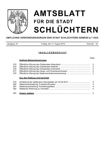 Amtsblatt Nr. 34 vom 17. August 2012 - Stadt SchlÃƒÂ¼chtern