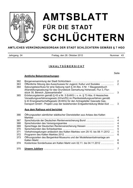 Amtsblatt Nr. 43 vom 26. Oktober 2012 - Stadt SchlÃƒÂ¼chtern