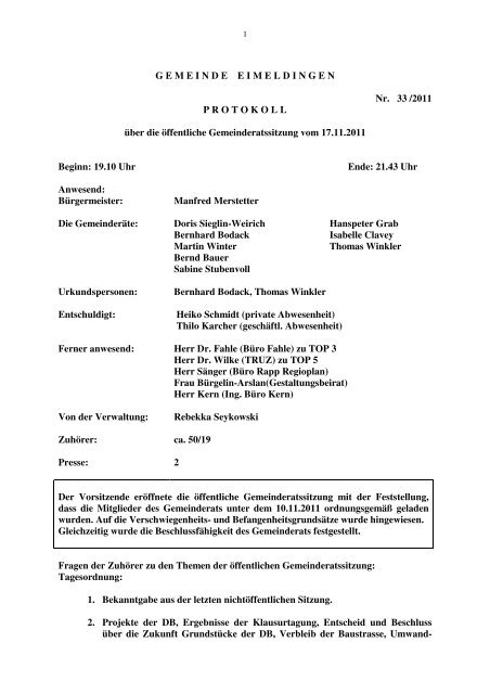 Gemeinderatsbericht Nr. 33, 17.11.2011 - Eimeldingen