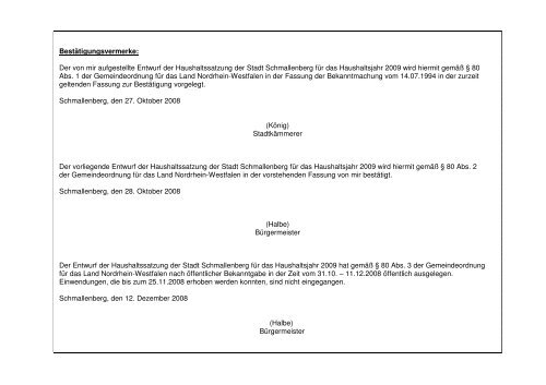 Haushaltssatzung mit Feststellungsvermerk - Schmallenberg