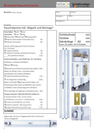 Komplettpreise: beinhaltet Balkenschloß incl. Wegzeit und Montage