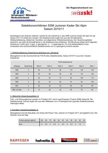 Selektionsrichtlinien SSM Junioren Kader Ski Alpin Saison 2010/11