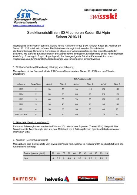 Selektionsrichtlinien SSM Junioren Kader Ski Alpin Saison 2010/11