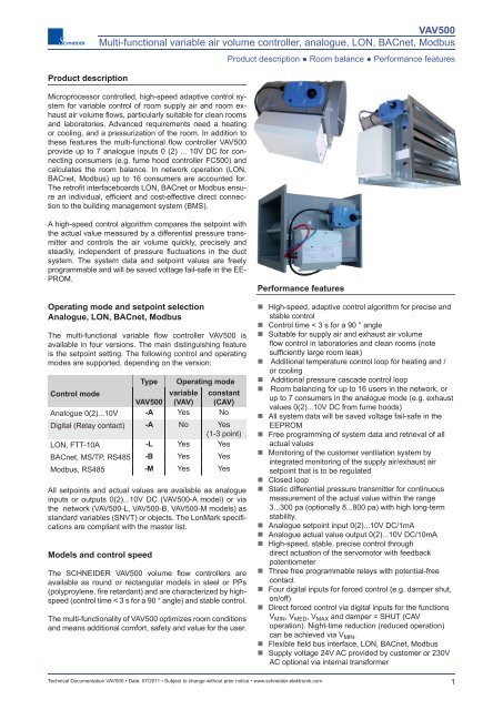 VAV500 Multi-functional variable air volume controller, analogue ...