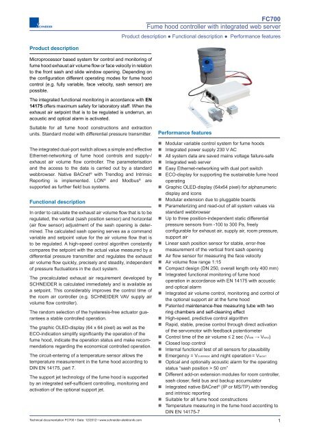 FC700 Fume hood controller with integrated web server - Schneider ...