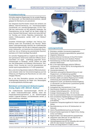 VAV700 Multifunktionaler Volumenstromregler mit integriertem ...