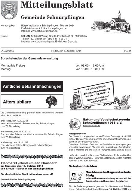 Mitteilungsblatt Nr. 41 vom 12.10.2012 - SchnÃƒÂ¼rpflingen