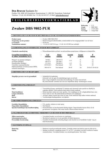 VEILIGHEIDSINFORMATIEBLAD Zwaluw DBS 9802 ... - Den Braven