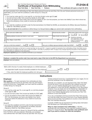 Form IT-2104-E:2011:Certificate of Exemption from Withholding ...