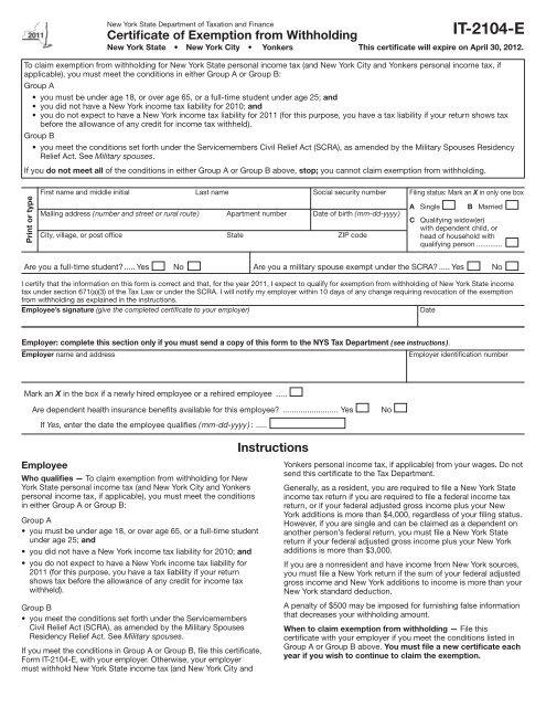 Form IT-2104-E:2011:Certificate of Exemption from Withholding ...