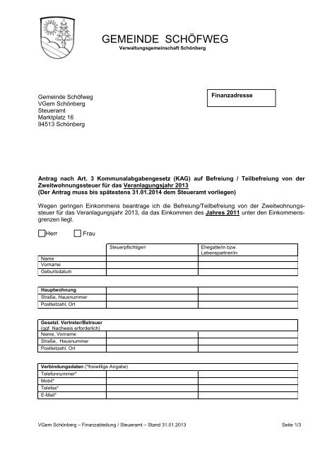 Antrag auf Befreiung/Teilbefreiung von der Zweitwohnungssteuer fÃƒÂ¼r ...