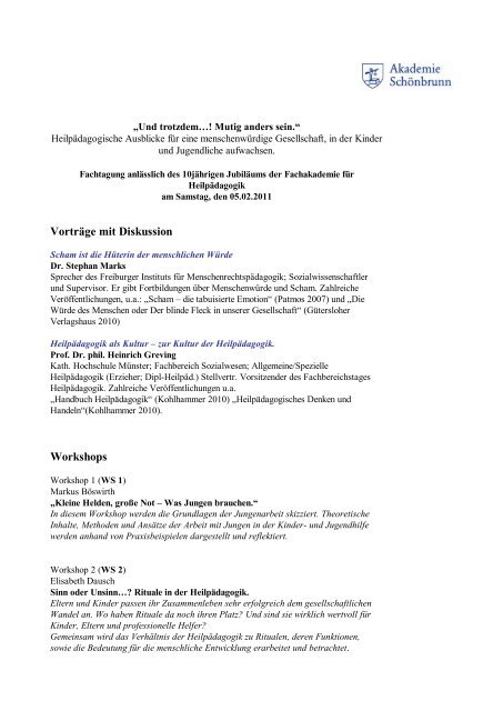 Beschreibung der Inhalte zur Fachtagung 2011 - Schoenbrunn.de