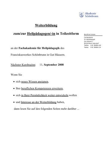 Weiterbildung zum/zur HeilpÃƒÂ¤dagogen/-in in ... - Schoenbrunn.de