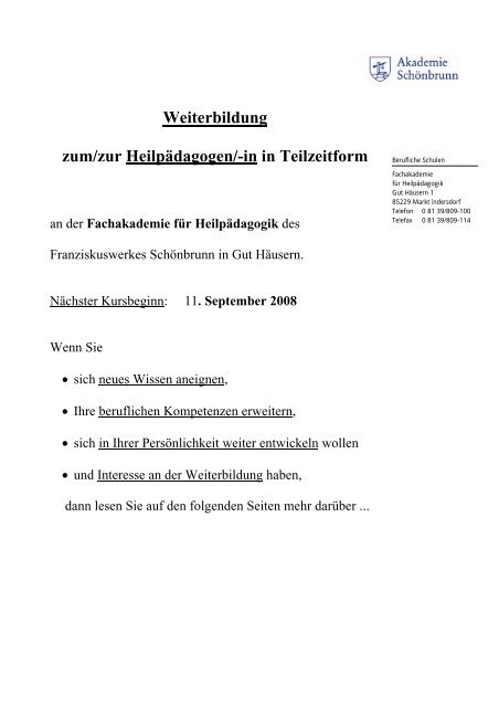 Weiterbildung zum/zur HeilpÃƒÂ¤dagogen/-in in ... - Schoenbrunn.de