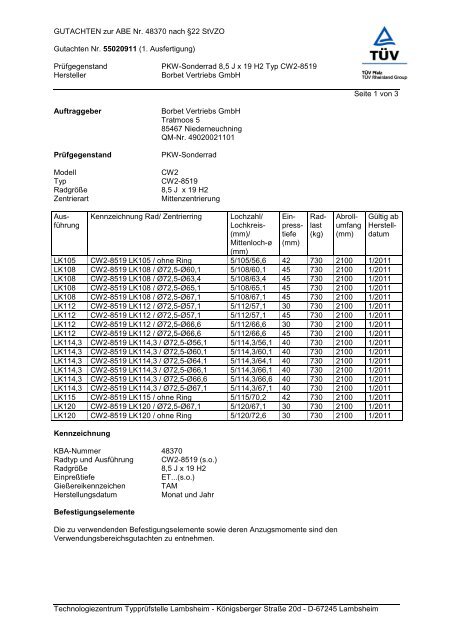 GUTACHTEN zur ABE Nr.  48370 nach §22 StVZO Gutachten Nr ...