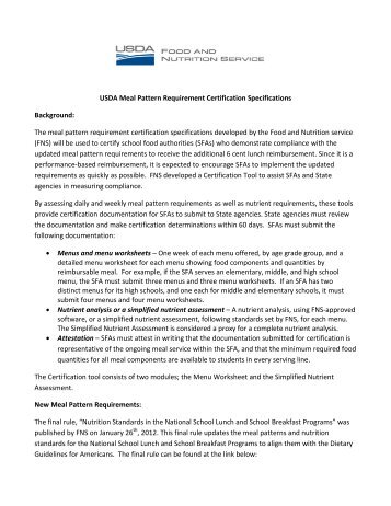 USDA Meal Pattern Requirement Certification Specifications ...