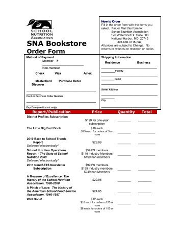 SNA Bookstore Order Form - School Nutrition Association