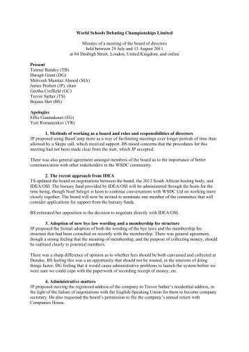 Minutes of Board meeting, July / August 2011 - World Schools ...