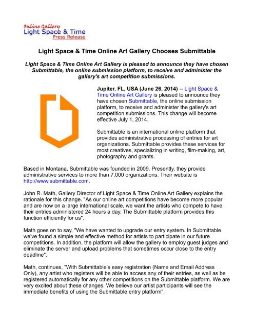 Light Space & Time Online Art Gallery Chooses Submittable