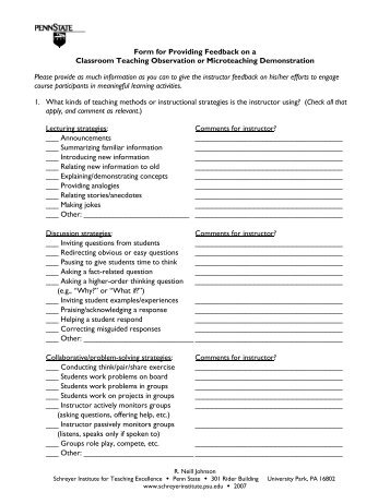 Form for Providing Feedback on a Classroom Teaching Observation ...