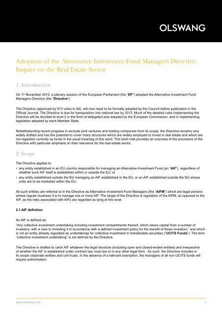 Adoption of the Alternative Investment Fund Managers ... - Olswang