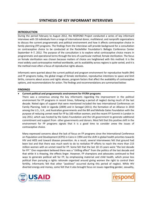 synthesis of key informant interviews - the RESPOND Project!