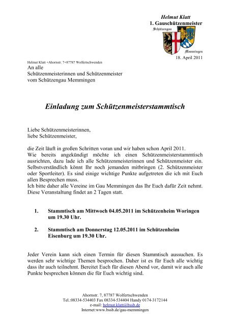 Einladung zum SchÃƒÂ¼tzenmeisterstammtisch - Gau Memmingen