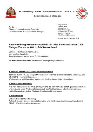 Ausschreibung Kreismeisterschaft 2013 - SchÃ¼tzenkreis Ehingen
