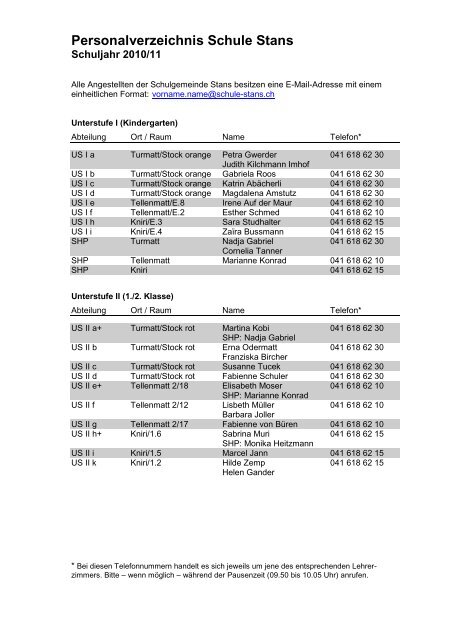 Personalverzeichnis Schule Stans - schule online - stans!