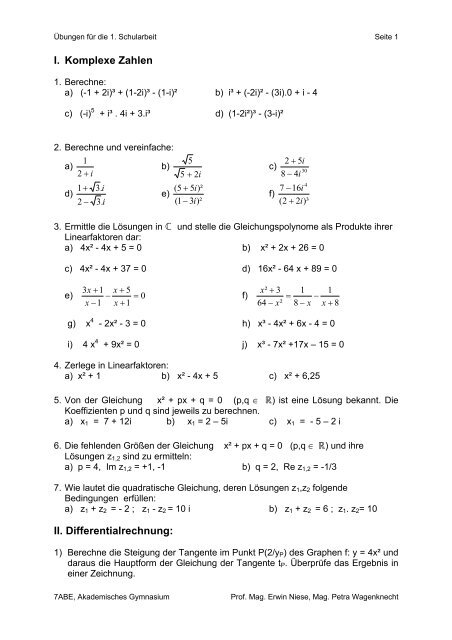I Komplexe Zahlen Ii Differentialrechnung Schule At