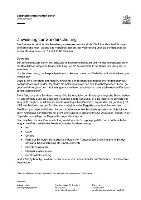 Zuweisung zur Sonderschulung - Schule Winterthur