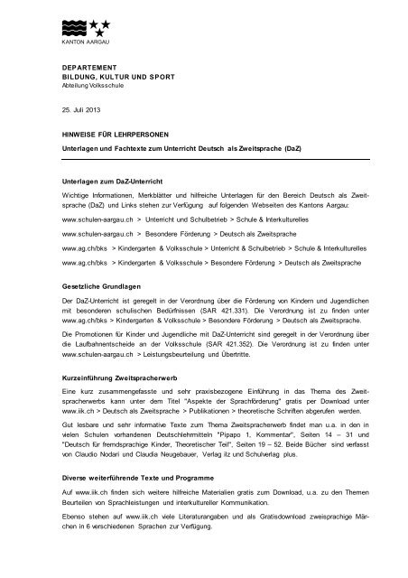 Unterlagen und Fachtexte zum DaZ-Unterricht - Schulen Aargau