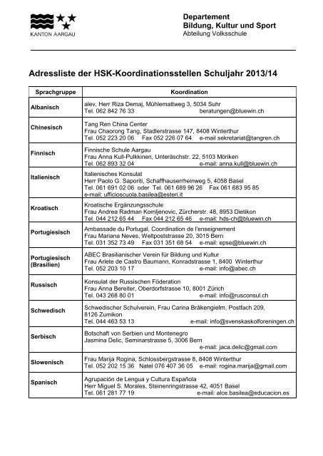 Adressliste der HSK-Koordinationsstellen Schuljahr 2012/13