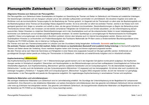 Planungshilfe Zahlenbuch 1 (QuartalsplÃ¤ne zur NEU-Ausgabe CH ...