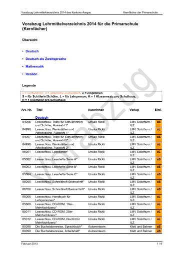 Vorabzug Lehrmittelverzeichnis fÃ¼r die Primarschule 2014/15