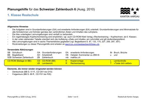 Planungshilfe fÃ¼r das Schweizer Zahlenbuch 6 (Ausg. 2010) 1 ...