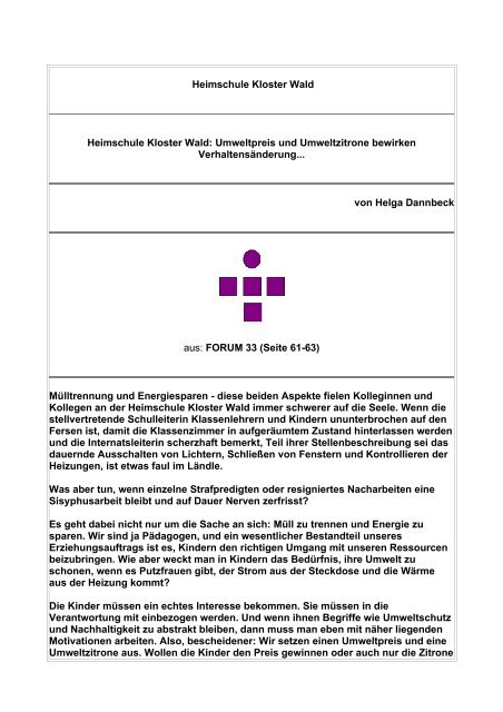 Heimschule Kloster Wald Heimschule Kloster Wald Umweltpreis Und