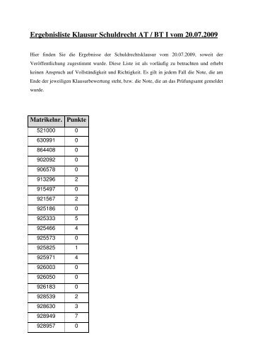 Ergebnisliste Klausur Schuldrecht AT-BTI