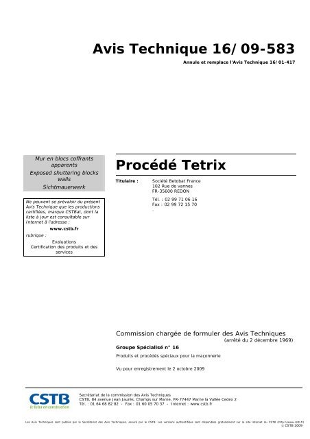 Avis Technique 16/09-583 ProcÃ©dÃ© Tetrix - Perin &amp; Cie